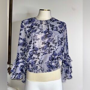 Misa Los Angeles Gray/Purple Floral Smocked Waist Blouse Top